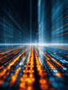 Futuristic digital binary code landscape with glowing blue and orange elements resembling a virtual data stream flowing towards a Royalty Free Stock Photo