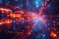 Futuristic digital blockchain concept with glowing, interconnected blocks of binary code and vibrant light trails
