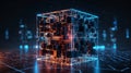 Futuristic Digital Blockchain Cube Over Circuit Grid Royalty Free Stock Photo