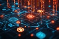 Futuristic digital blockchain network with glowing data nodes and bitcoin symbols Royalty Free Stock Photo