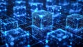 Futuristic digital blockchain technology with glowing cubes and network grid at night Royalty Free Stock Photo