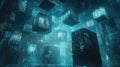 Futuristic digital blocks in glowing blue cyberspace environment depicting data and technology