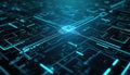 Futuristic digital blueprint glowing cyan lines. Tech concept symbolizes engineering innovation precision. Digital data network, Royalty Free Stock Photo
