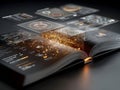Futuristic digital book with holographic interfaces and glowing data visualizations Royalty Free Stock Photo