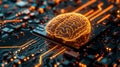 Artificial intelligence brain glowing on computer circuit board, technology and innovation concept Royalty Free Stock Photo