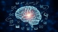 Digital brain made of circuits slowly rotating with educational symbols orbiting, AI learning concept Royalty Free Stock Photo