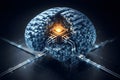 Futuristic digital brain constructed from blue cubes with glowing orange processor and data cables Royalty Free Stock Photo