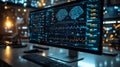 Futuristic digital brain data analysis displayed on high-tech monitor screens