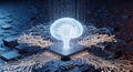 Futuristic digital brain emerges from advanced computer chip circuitry with glowing data streams Royalty Free Stock Photo