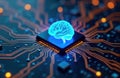 Futuristic digital brain graphic on tech chip. Innovative AI concept. Cybernetics future. Smart tech solution. Modern computing