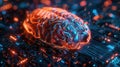 Glowing Digital Brain on Circuit Board Background with Orange and Blue Light Effects Royalty Free Stock Photo