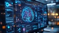 Futuristic digital brain interface with glowing neural network visualization, complex data analysis Royalty Free Stock Photo