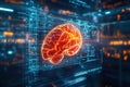 Futuristic digital brain interface in virtual data environment with complex neural network visualization, ai concept