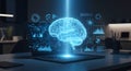 Futuristic Digital Brain Visualization Emerging from Laptop with Data Analytics and Holographic Interface Elements Royalty Free Stock Photo