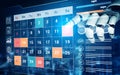 Futuristic Digital Calendar Interface with Robotic Hand Interacting, Data Visualization, and Management Tools for Time Royalty Free Stock Photo