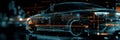 Futuristic digital car wireframe with glowing blue lines and orange data light trails representing autonomous driving technology Royalty Free Stock Photo