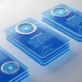 Futuristic digital cards with glowing blue circuitry and central emblem Royalty Free Stock Photo
