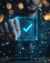 Futuristic digital checkmark symbol emerging from a glowing interface with bokeh light effects Royalty Free Stock Photo