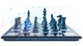 Futuristic digital chessboard featuring interactive pieces and virtual diagrams, blending modern technology with classic strategy Royalty Free Stock Photo
