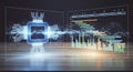 Futuristic digital chip interface displays financial data graph and network connections on screen Royalty Free Stock Photo