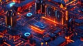 Futuristic digital circuit board with glowing locks and security icons representing advanced technology and cybersecurity