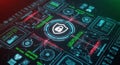 Futuristic digital circuit board with glowing shield icon representing cyber security and advanced technology protection Royalty Free Stock Photo