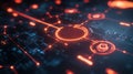 Futuristic digital circuit design with glowing orange lines and nodes Royalty Free Stock Photo