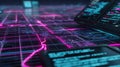 Futuristic Digital City Map with Glowing Neon Pink and Blue Grid Lines and Circuitry Patterns on Dark Background with Data Royalty Free Stock Photo