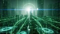 Futuristic green digital city skyline with data streams and glowing sphere technology Royalty Free Stock Photo