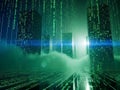 Digital city skyline with falling green binary code and glowing lights in the fog buildings skyscrapers Royalty Free Stock Photo