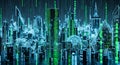 Futuristic Digital Cityscape with Binary Code Rain and Geometric Structures Royalty Free Stock Photo