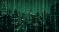Futuristic Digital Cityscape with Falling Binary Code Matrix Effect Royalty Free Stock Photo