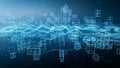 Futuristic digital cityscape with glowing blue geometric shapes and data streams Royalty Free Stock Photo