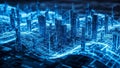 Futuristic digital cityscape with glowing blue lines and interconnected data streams Royalty Free Stock Photo