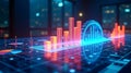 Futuristic digital cityscape with glowing neon bar graphs and data visualization on a circuit board Royalty Free Stock Photo