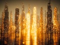 Futuristic digital cityscape with glowing skyscrapers and binary code reflections in a golden hue Royalty Free Stock Photo