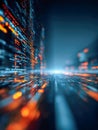 Futuristic digital cityscape glowing with vibrant orange and blue lights representing advanced data flow and technological Royalty Free Stock Photo