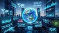 Futuristic digital cityscape with holographic Earth and data streams connecting global technology networks Royalty Free Stock Photo