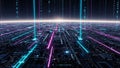 Futuristic Digital Cityscape with Neon Light Streams and Binary Code Data Flow Keywords: futuristic, digital, cityscape, Royalty Free Stock Photo