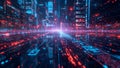 Futuristic Digital Cityscape with Neon Lights and Data Streams Royalty Free Stock Photo