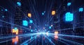 Futuristic digital cityscape with neon lights and data streams dynamic network glow Royalty Free Stock Photo