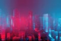 Futuristic Digital Cityscape with Red and Blue Neon Lights. Royalty Free Stock Photo
