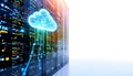 Futuristic digital cloud computing concept with glowing data streams emerging from server racks Royalty Free Stock Photo