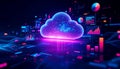 Futuristic digital cloud computing and data analytics with neon glow and abstract network connections Royalty Free Stock Photo
