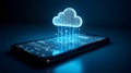 Futuristic digital cloud computing data transfer from a smartphone display to the cloud Royalty Free Stock Photo