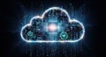 Futuristic digital cloud computing network concept with data streams and technology elements Royalty Free Stock Photo