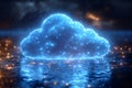 Futuristic Digital Cloud with Glowing Lights Amidst Rainy Night Scene for Tech Design Generative AI Royalty Free Stock Photo