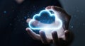 Futuristic digital cloud held in hands representing technology data storage and cloud computing concepts Royalty Free Stock Photo