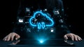 Futuristic digital cloud technology concept with data transfer icons over tablet, representing upload and download in Royalty Free Stock Photo