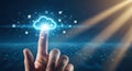 Futuristic digital cloud technology concept with a human finger interacting with a glowing data network Royalty Free Stock Photo